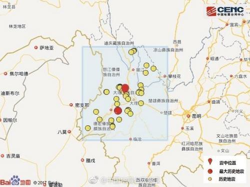 此次震中周邊按震級大小前50次歷史地震分布如圖 中國地震臺網